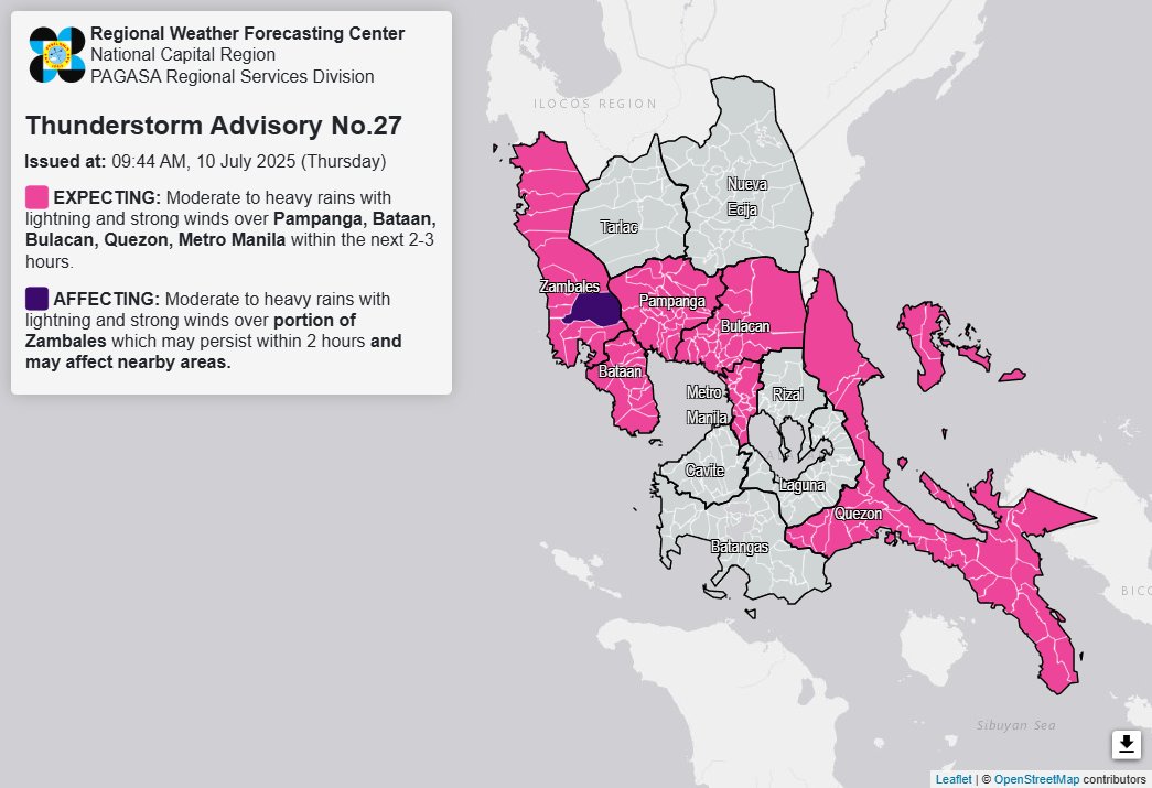 Thunderstorm advisory up over Metro Manila, 4 Luzon areas