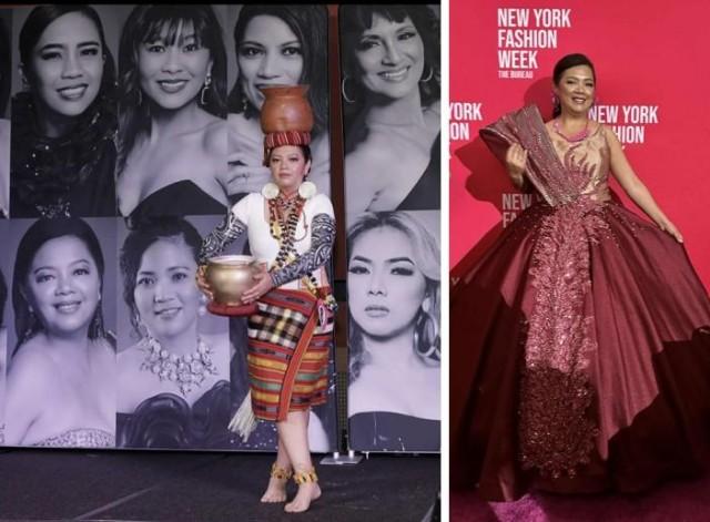 Ginang Filipinas Tourism 2024 Jan Andrada Lane in Igorot attire (left) and a Carl Andrada formal gown (right). Photo by: Jan Andrada Lane via The FilAm