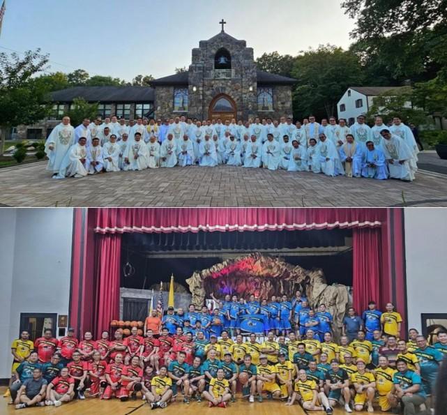 The clergy in their priestly robes (top) and in their jerseys (below). Photos courtesy of Fr. Manolo Punzalan, Consul General Senen Mangalile, and the US-Pinoy Priest Barkadahan via The FilAm