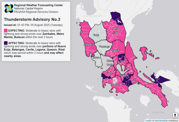 Thunderstorm advisory up over Metro Manila, Zambales, Bulacan