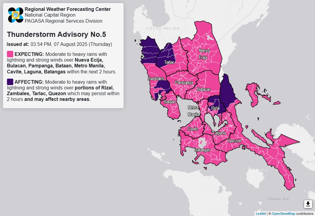 Thunderstorm advisory up over Metro Manila, 7 Luzon areas