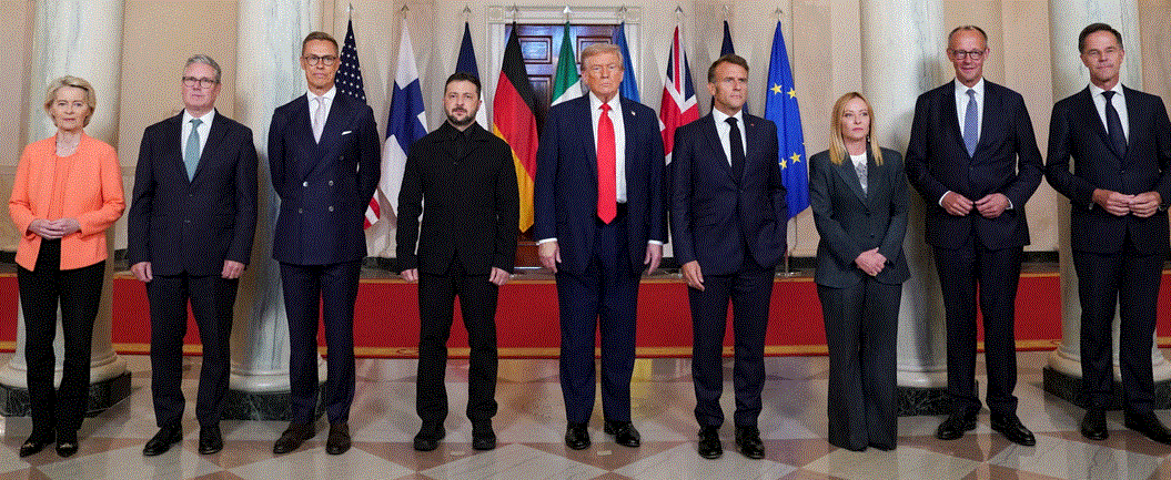 Donald Trump, Volodymyr Zelenksyy, and European leaders at the White House