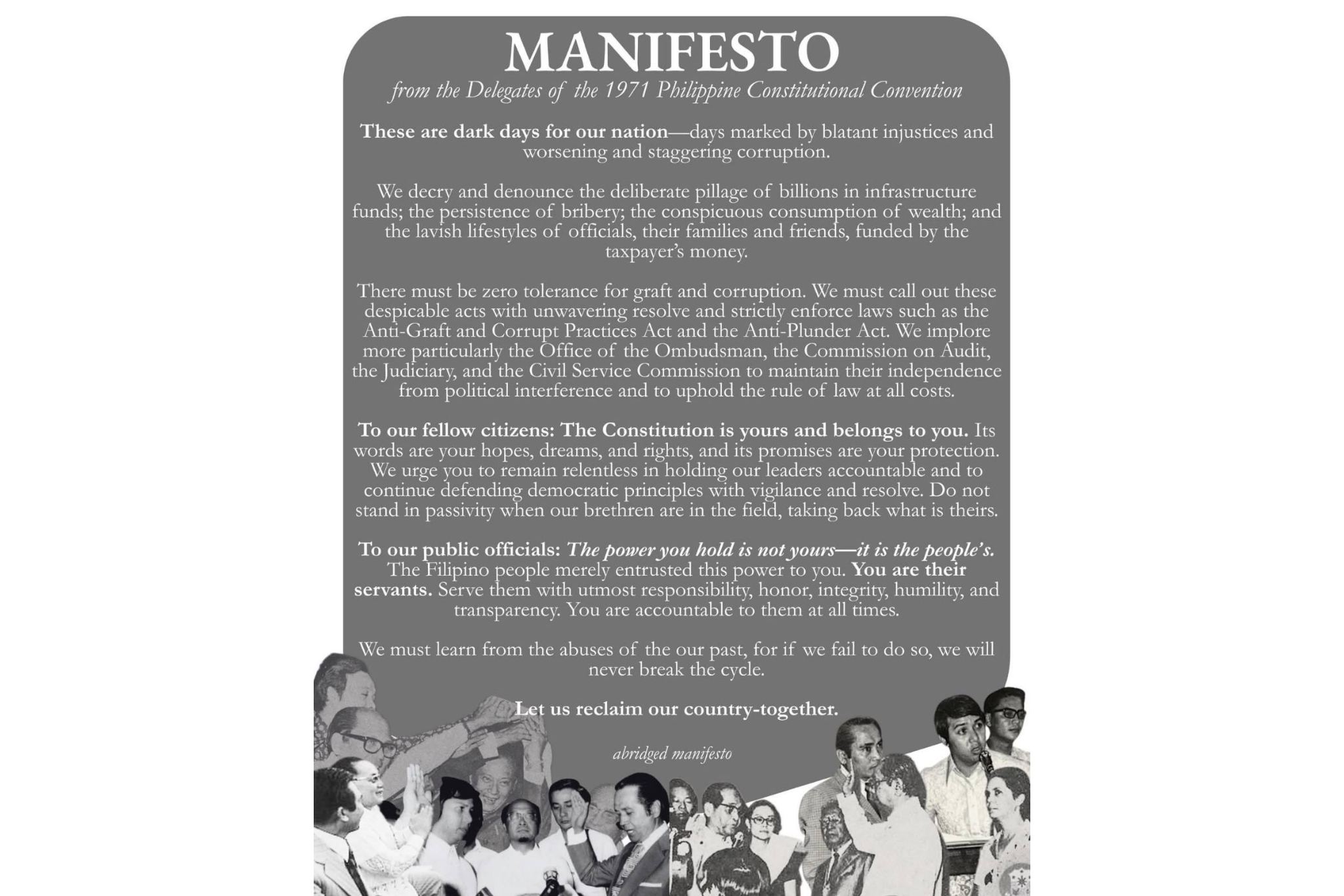 Constitutional framers issue manifesto vs 'staggering corruption'