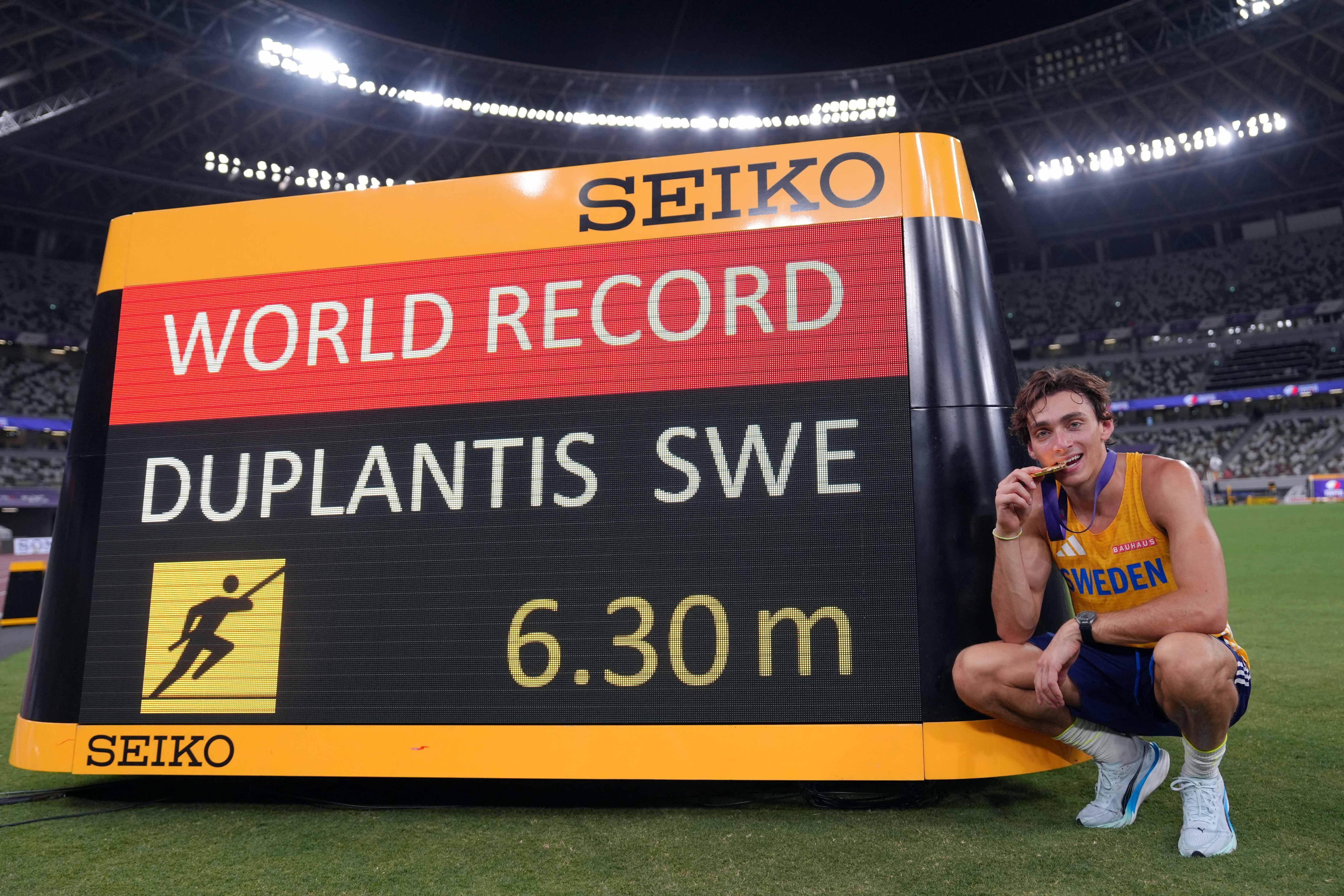 Mondo Duplantis takes third world title with world record jump of 6.30m