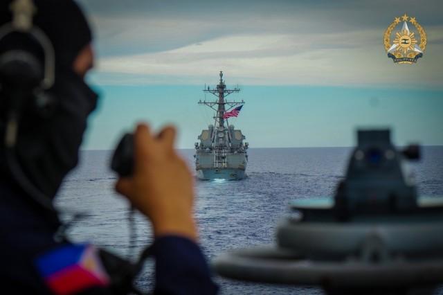 BRP Jose Rizal's starboard lookout monitors the bearing of the USS John Finn (DDG113) as it sails forward of the Philippine Navy's vessel. Photo by PO3 Gonzales PN / PAOAFP