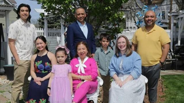 The Castillos with sons Mark (standing right) and Michael, daughters-in-law Robin and Camille, and grandchildren Milo and Marina. Courtesy: Joyce Castillo via The FilAm