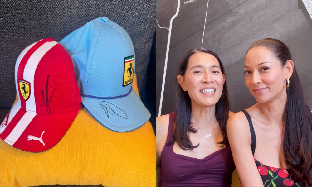 Angie Mead King, wife Joey flex signed F1 caps by Lewis Hamilton, Charles Leclerc