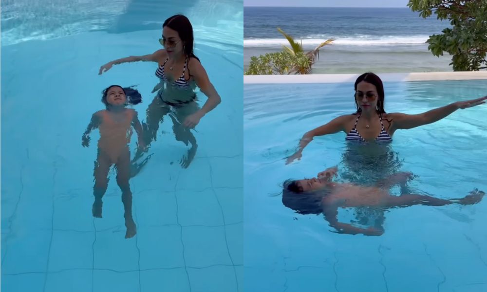 Aubrey Miles teaches daughter Rocket to float as part of therapy