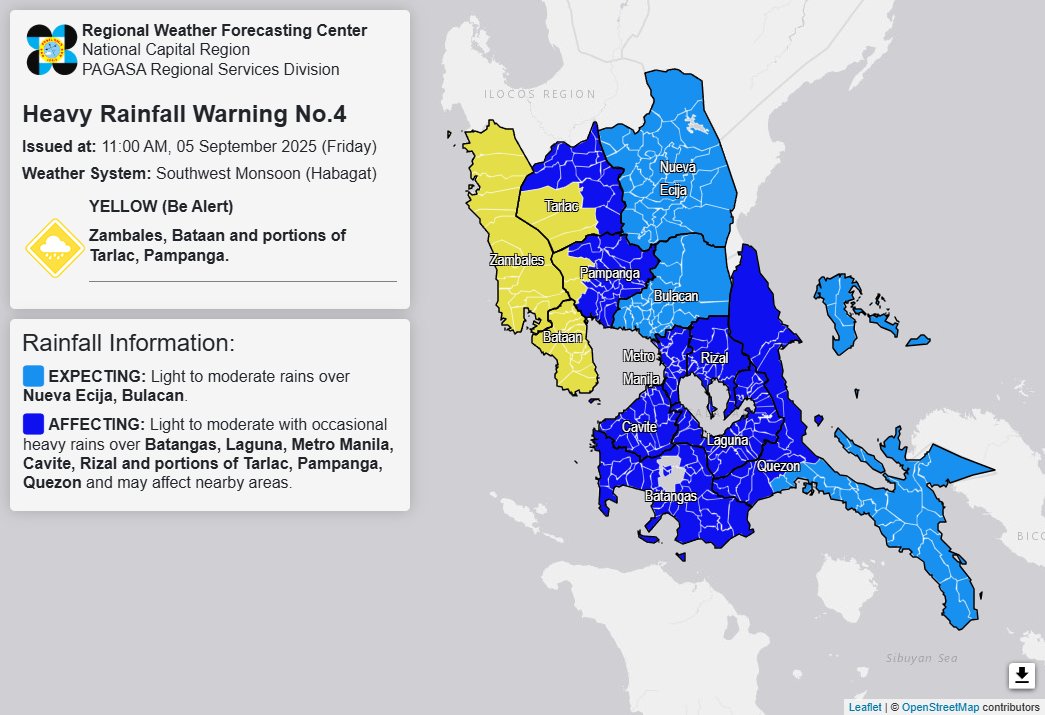 PAGASA raises yellow rainfall warning over 4 Luzon provinces