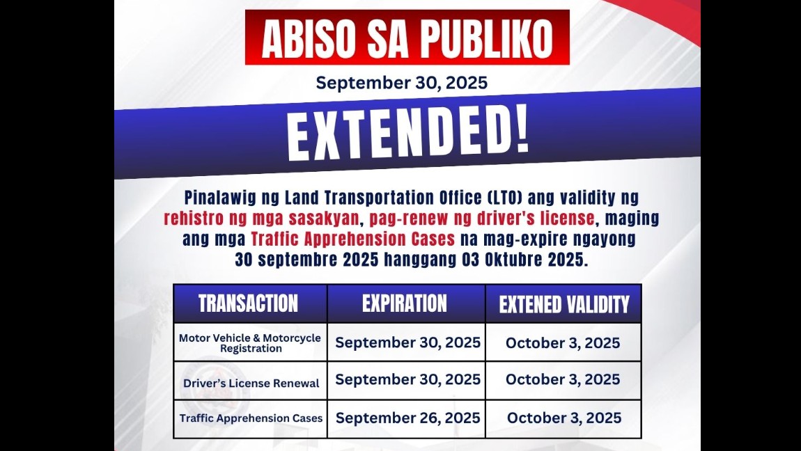 LTO extends validity of motor vehicle registrations, driver's licenses expiring Sept. 30 amid bad weather