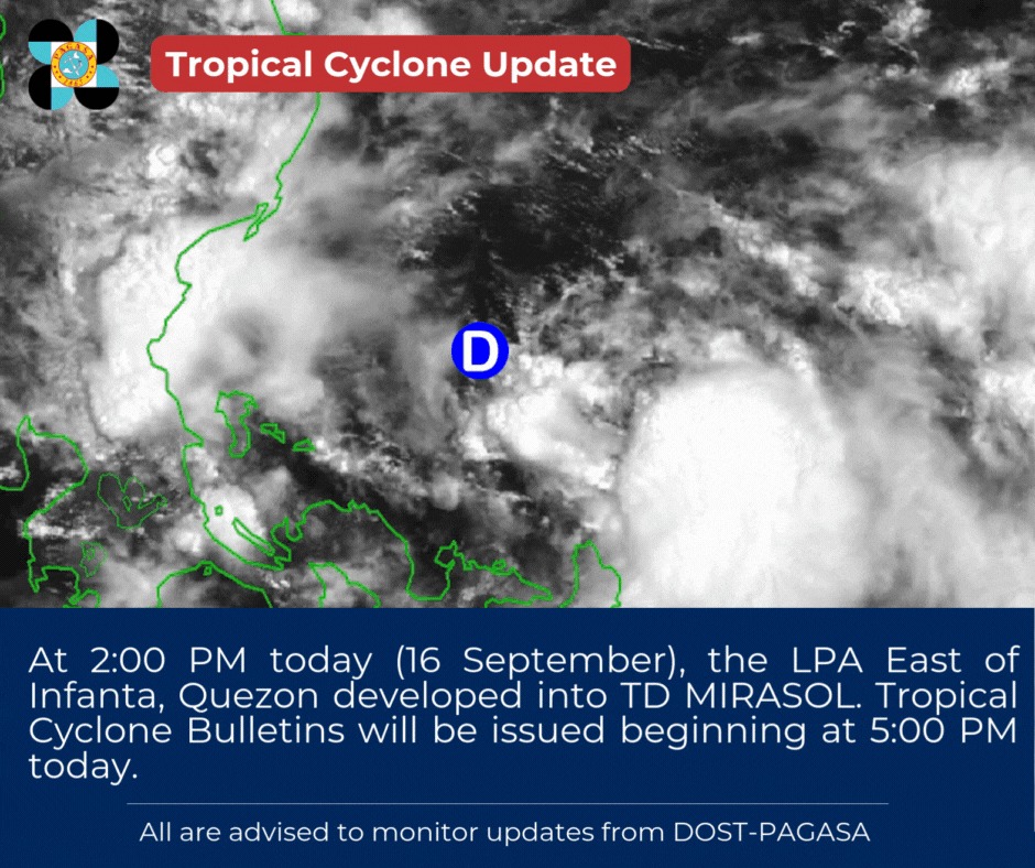 LPA east of Infanta, Quezon now Tropical Depression Mirasol
