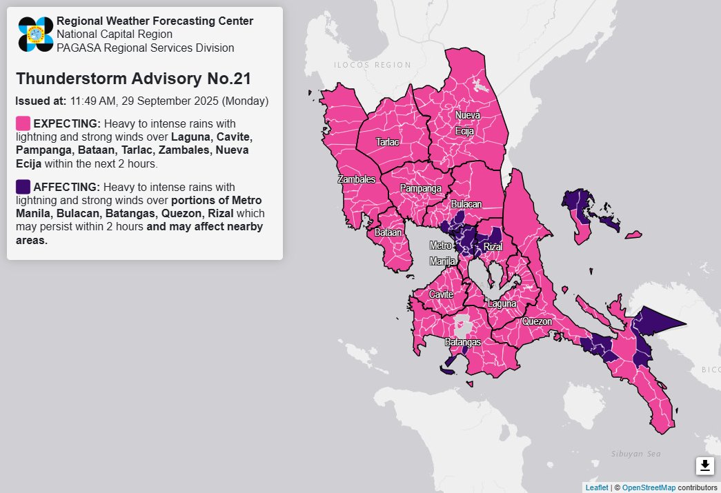 Heavy to intense rains affect parts of Metro Manila, 4 Luzon provinces