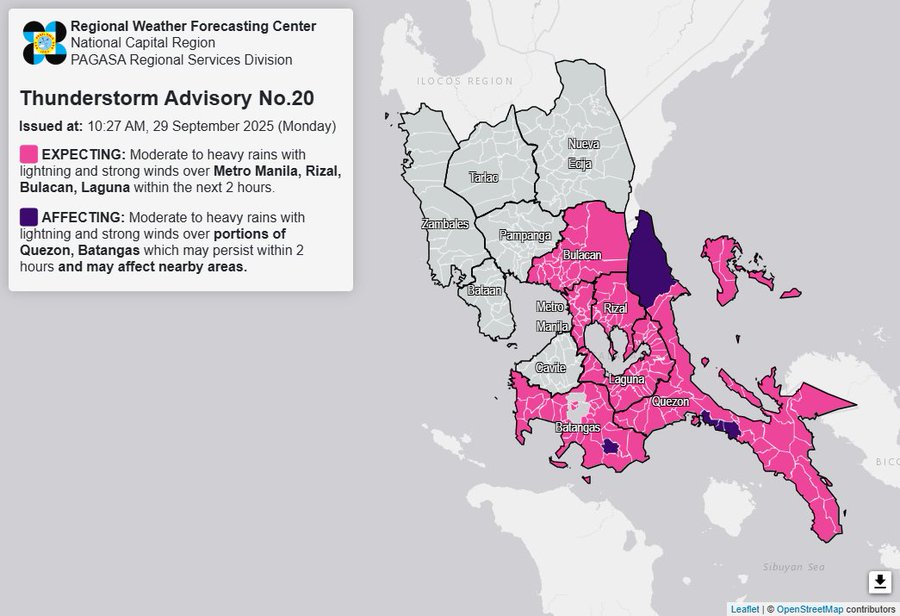 Thunderstorm advisory up over Metro Manila, 3 Luzon areas