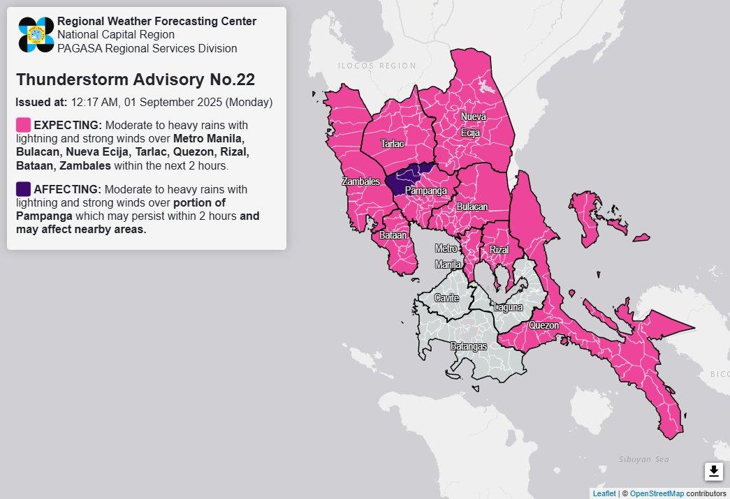 Thunderstorms in NCR, parts of Regions 3, 4A early hours of Monday —PAGASA