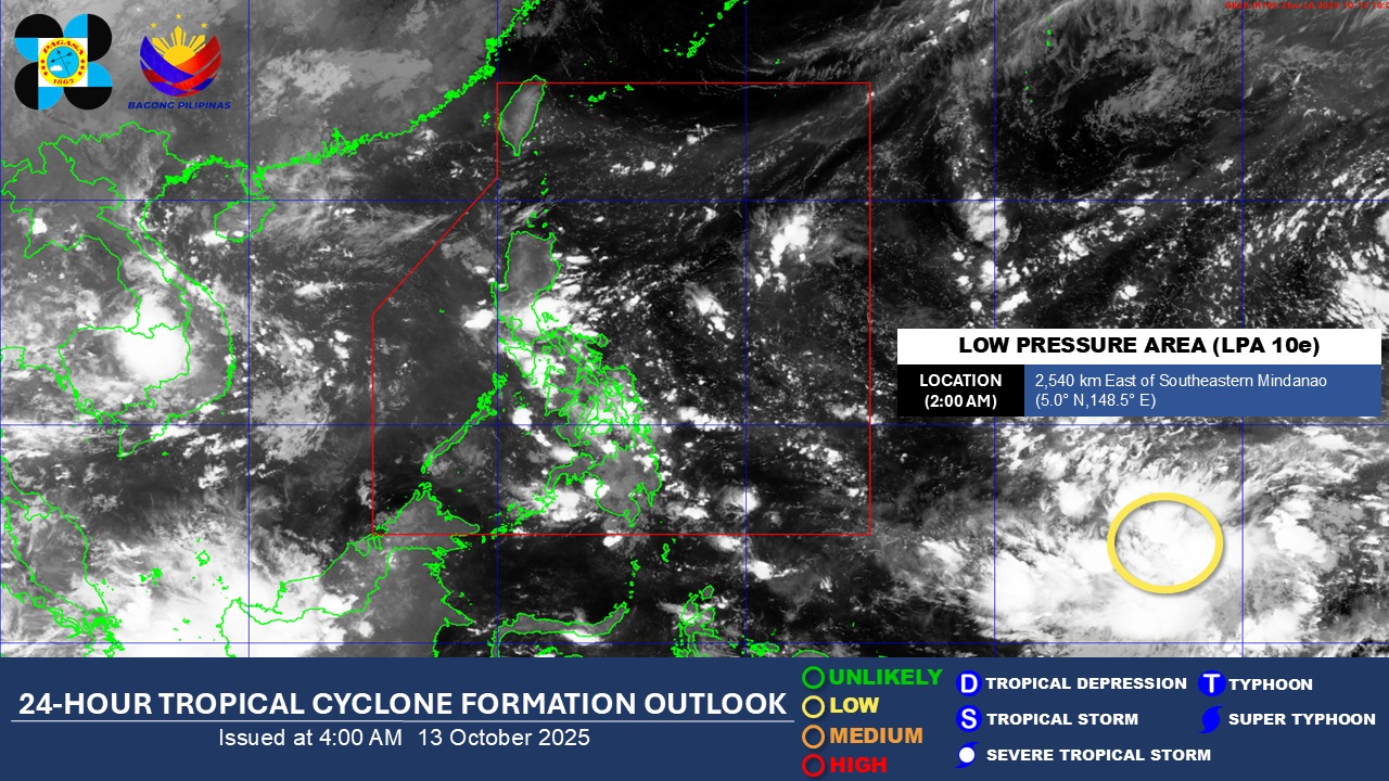 PAGASA: LPA spotted outside PAR, but low chance to become tropical depression