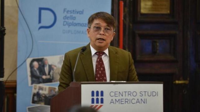 Filipino maritime law expert Jay Batongbacal delivers a lecture titled, 'Safeguarding Multilateralism: Upholding International Law in the West Philippine Sea' at the Centro Studi Americani in Rome on Friday, October 24, 2025. His lecture is part of the Festival della Diplomazia 2025. BOYET ABUCAY