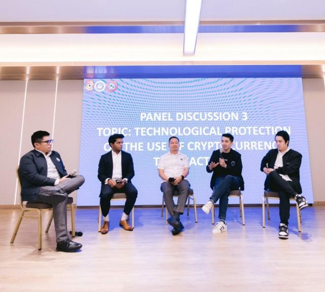 From left: Moderator, Atty. Paulo Montario M. Ong; Prashant Haldankar (SEKURO); Atty. Michel Montero (IBPAP); Miguel Geronilla (GCash); and Benjamin Thang (Coin.ph) having a panel discussion on Technological Protection on the Use of Cryptocurrency Transactions