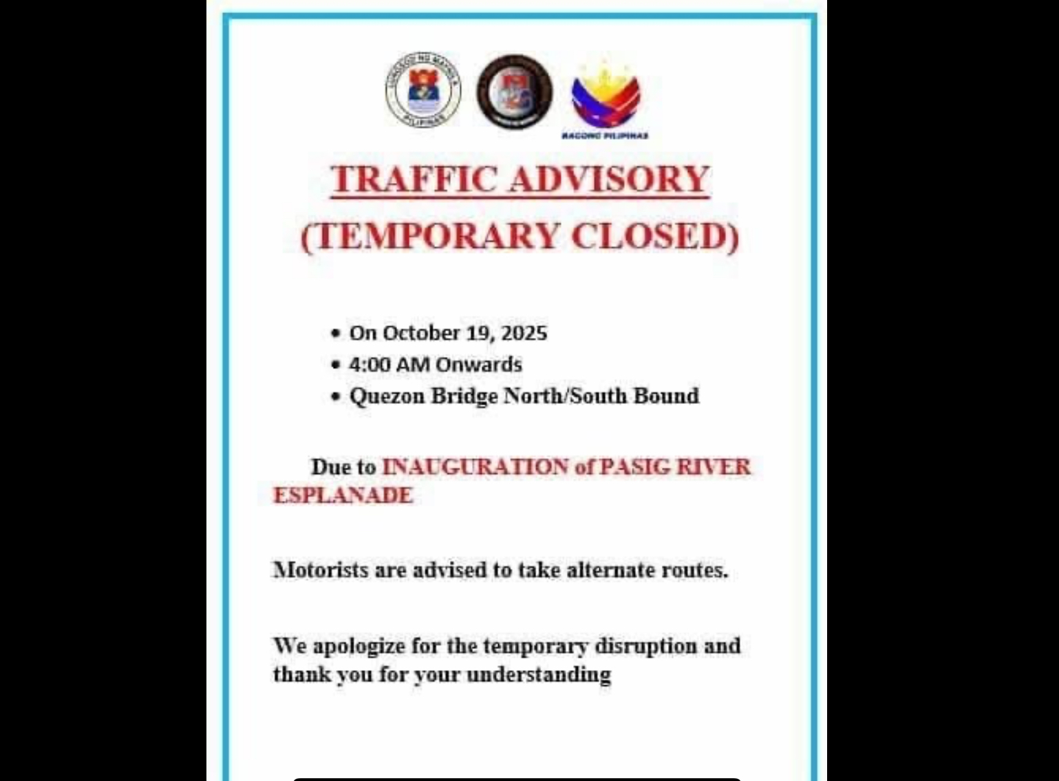 Quezon Bridge in Manila temporarily closed on Sunday, October 19, 2025