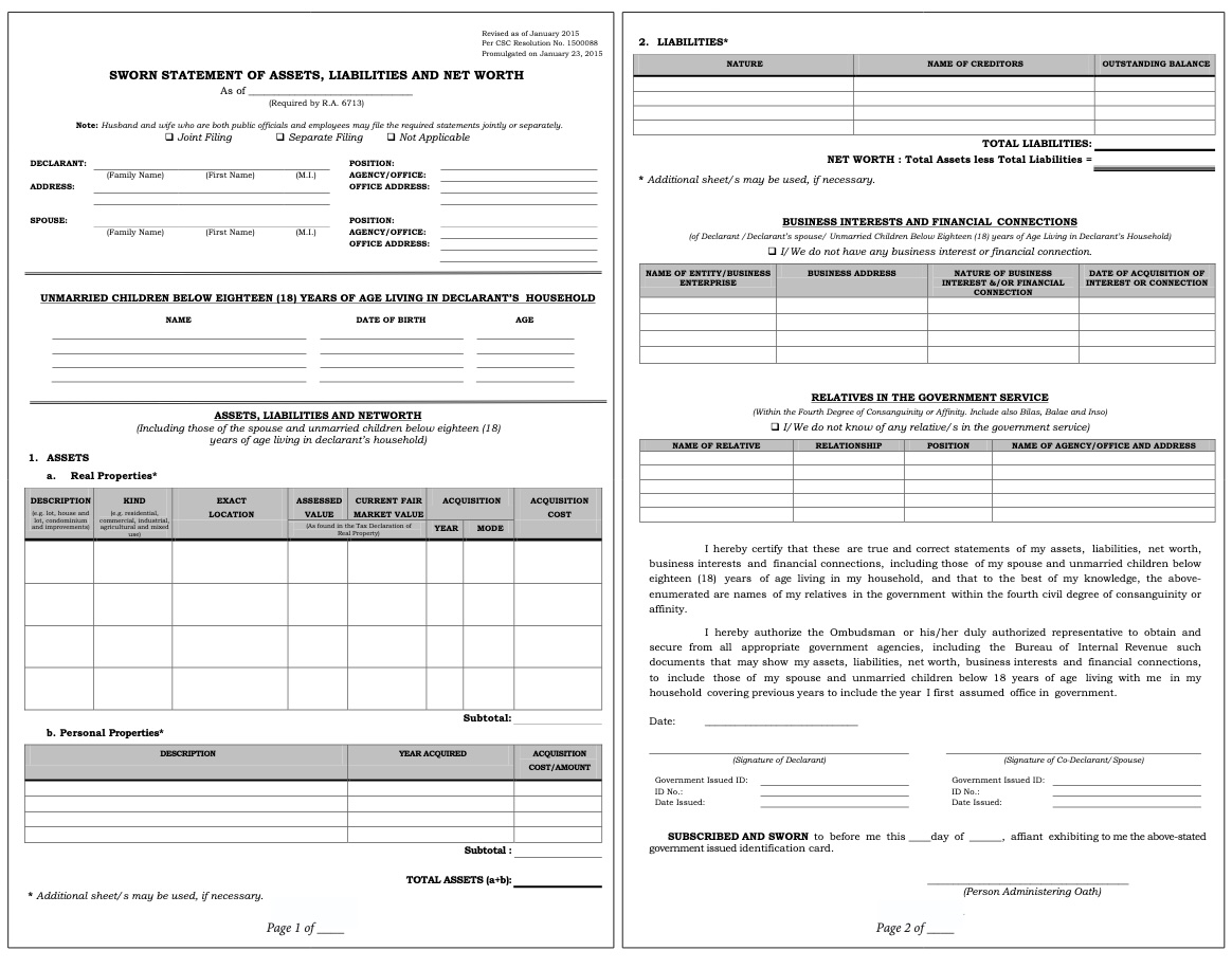 Ombudsman SALN memo excludes personal info, mandates full assets disclosure