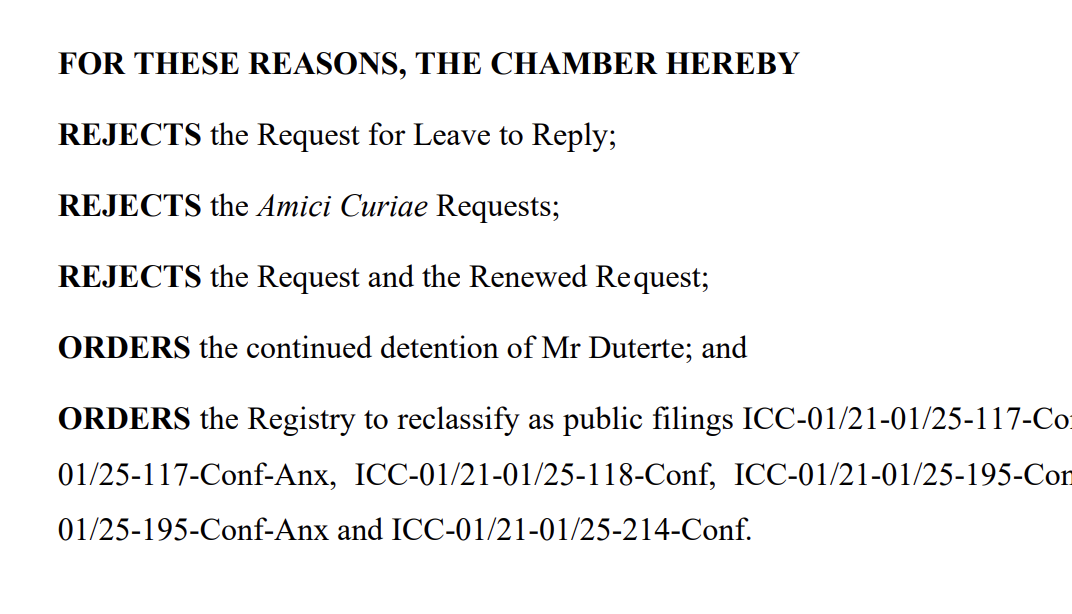 Public version of ICC decision on Duterte's request for interim release