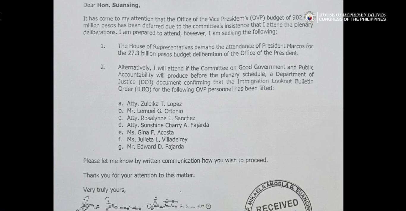 Solon: VP Sara snubbed OVP budget defense at House after her demands not met