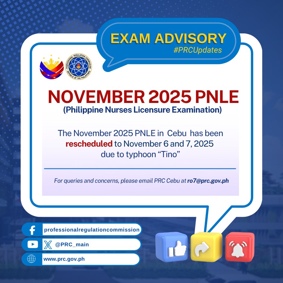 Nursing Licensure Exams in Cebu rescheduled to Nov. 6 and 7 amid Tino wrath - PRC