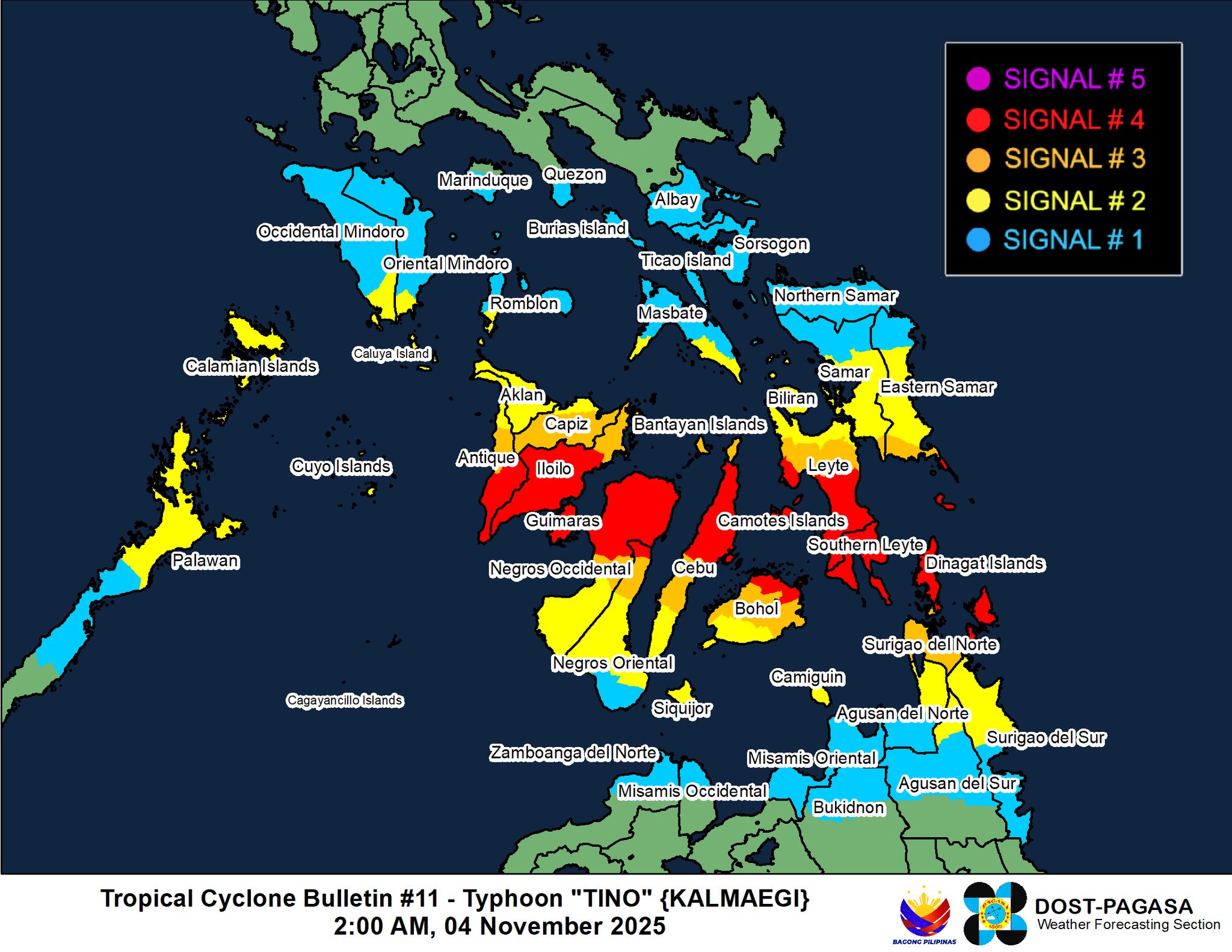 PAGASA: 11 areas under Signal No. 4 as Typhoon Tino hits land