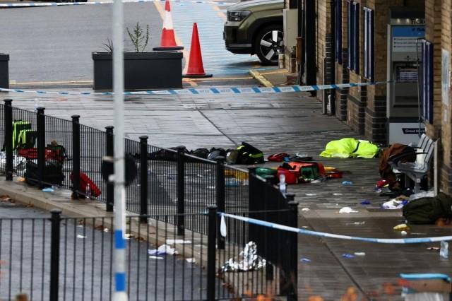 Objects lie scattered on the ground at Huntingdon Station following a series of stabbings on a train, near Cambridge, Britain, November 2, 2025. REUTERS/ Jack Taylor