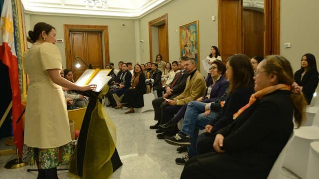 Members of the Knights of Rizal and Kababaihang Rizalista, the Philippine Chambers of Commerce in Italy (PCCI), several cultural associations, International Migrants School, students, and the Filipino and Italian communities attend the launch of the Italian editions of Jose Rizal's Noli Me Tangere and Nick Joaquin's Tropical Gothic at the Philippine Embassy in Rome on Monday, November 26, 2025. BOYET ABUCAY
