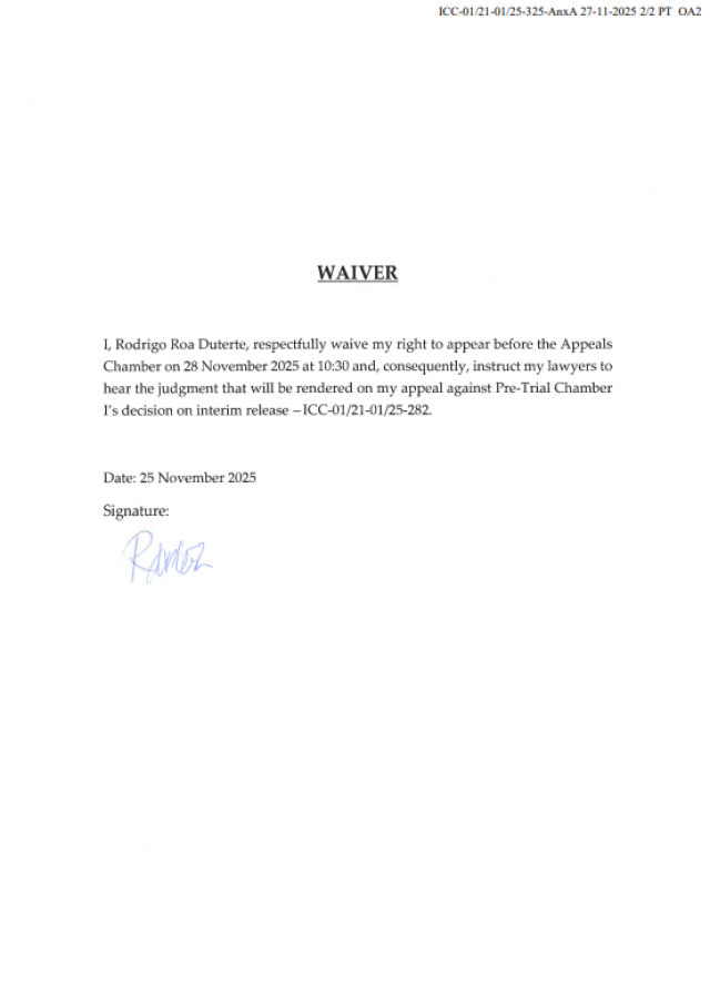 Former President Rodrigo Duterte's signed waiver. (Courtesy of International Criminal Court)