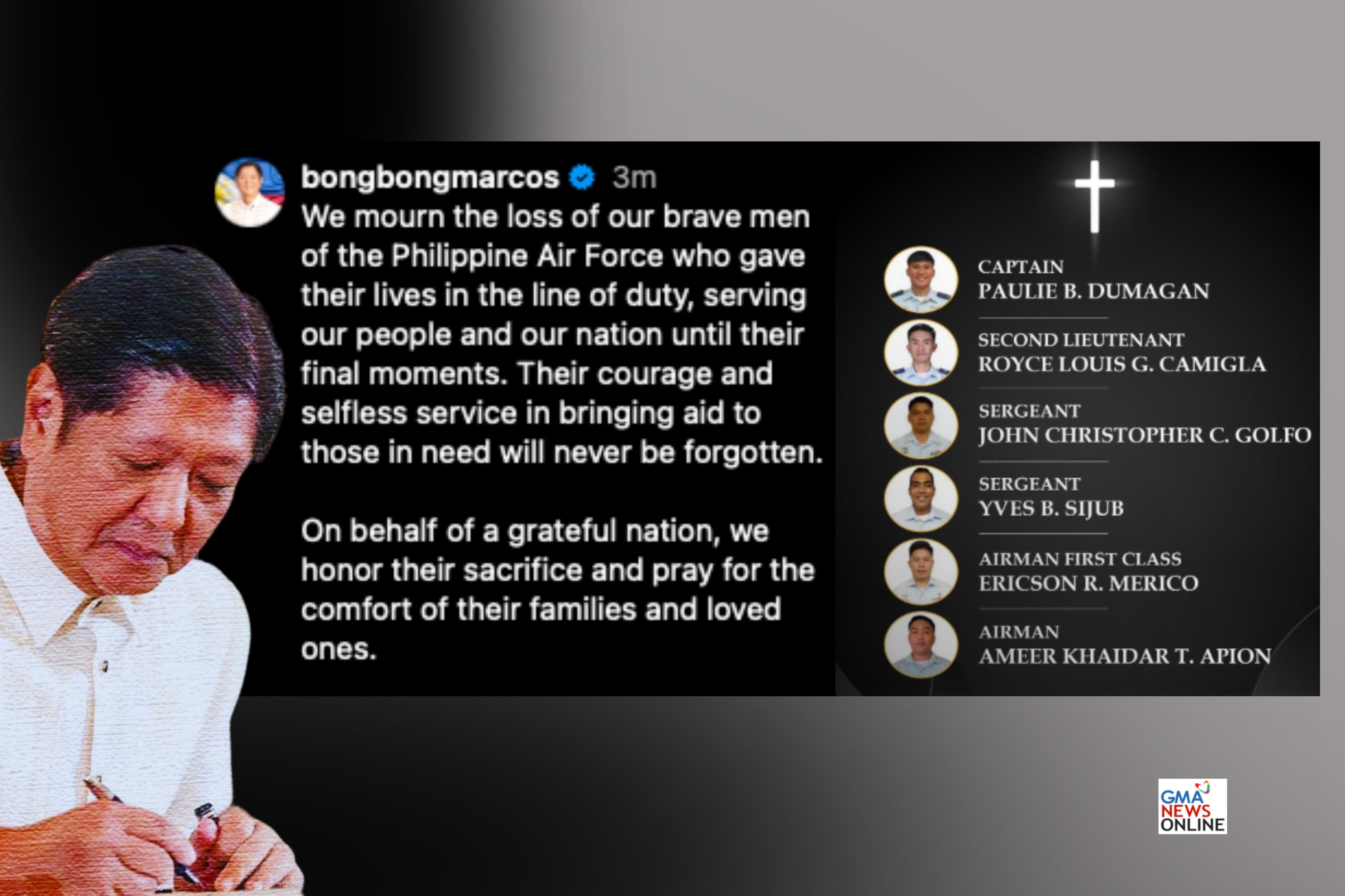 Marcos honors airmen lost in Agusan helicopter crash