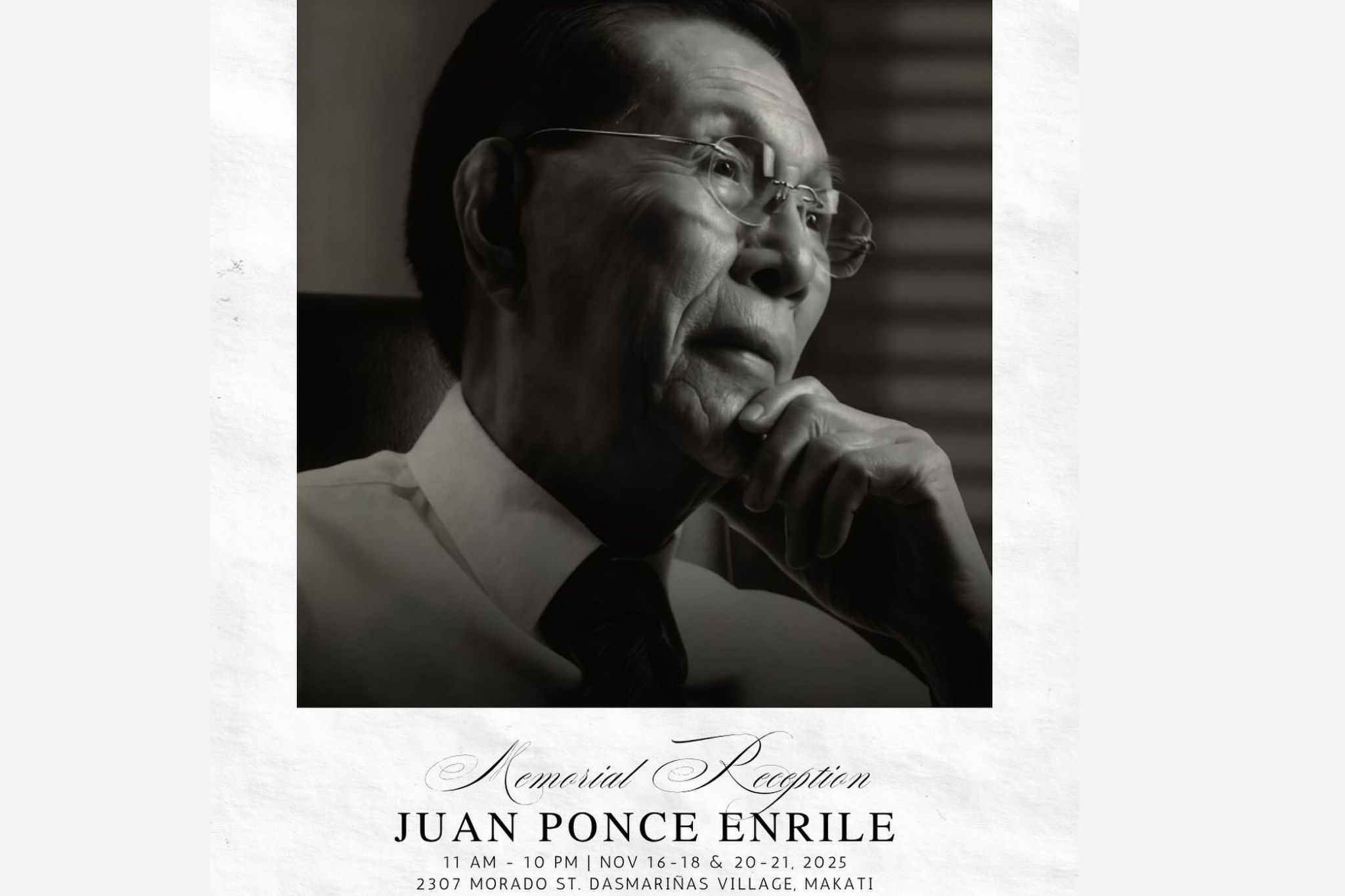 The family of late Chief Presidential Legal Counsel Juan Ponce Enrile on Friday announced the memorial reception for the former senate president. 
