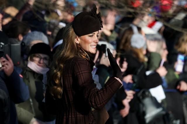 Catherine, Princess of Wales, gestures as she leaves after attending the Royal Family's Christmas Day service at St. Mary Magdalene's church, as the royals take residence at the Sandringham estate in eastern England, Britain, December 25, 2025. REUTERS/ Hannah McKay