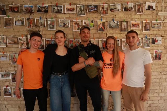 Brave to Rebuild volunteers (from left to right) Ivan Antoniuk, Polina Riabchuk, Igor Zyabrev, Anna Zakharenkova, and Serhii Taranovych of Open Door Ukraine organize weekly events for Kyivans and Ukrainians to assist rebuilding work, including the repurposing of a building in central Kyiv into a mental health hub for veterans. Andy Pe&Atilde;&plusmn;afuerte III