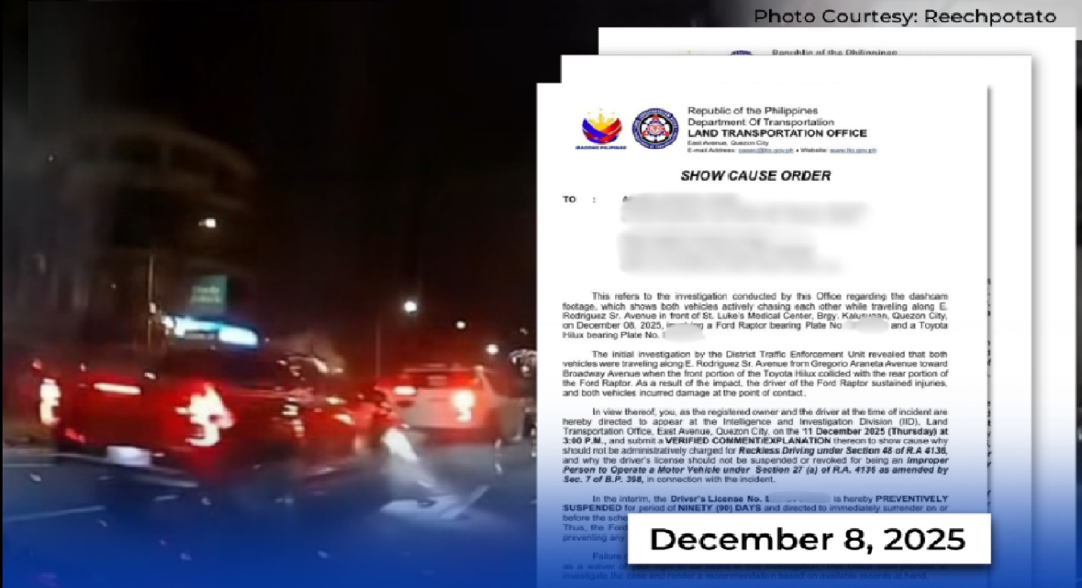 LTO, sinuspinde ang mga driver’s license ng 3 motoristang nagkarera umano at naaksidente sa QC
