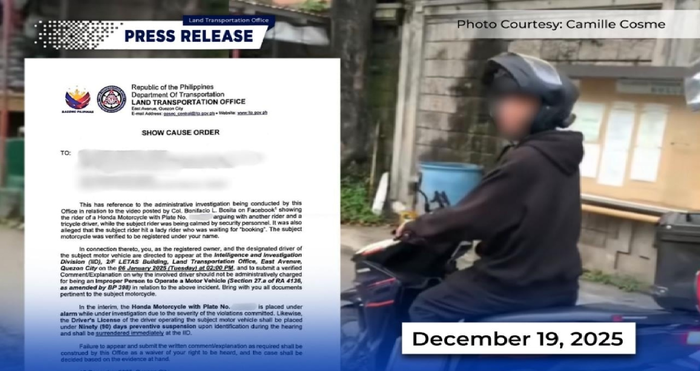 LTO chief, iniutos na suspendihin ang driver’s license ng lalaking rider na nanakit ng babaeng rider sa Caloocan