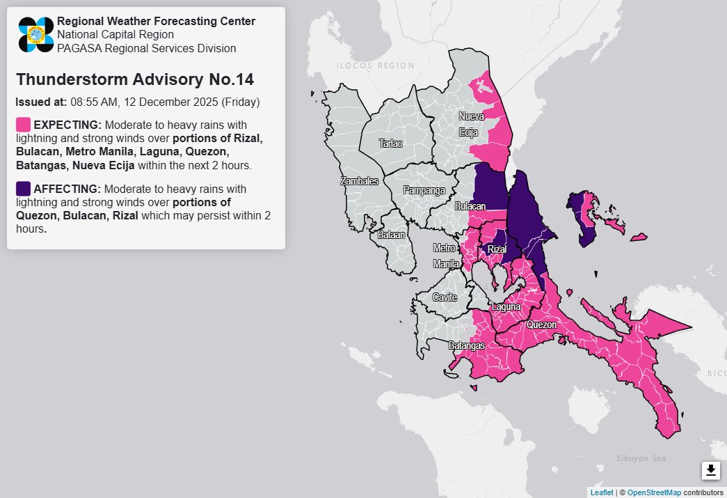 Thunderstorm advisory up over parts of Metro Manila, 3 Luzon provinces