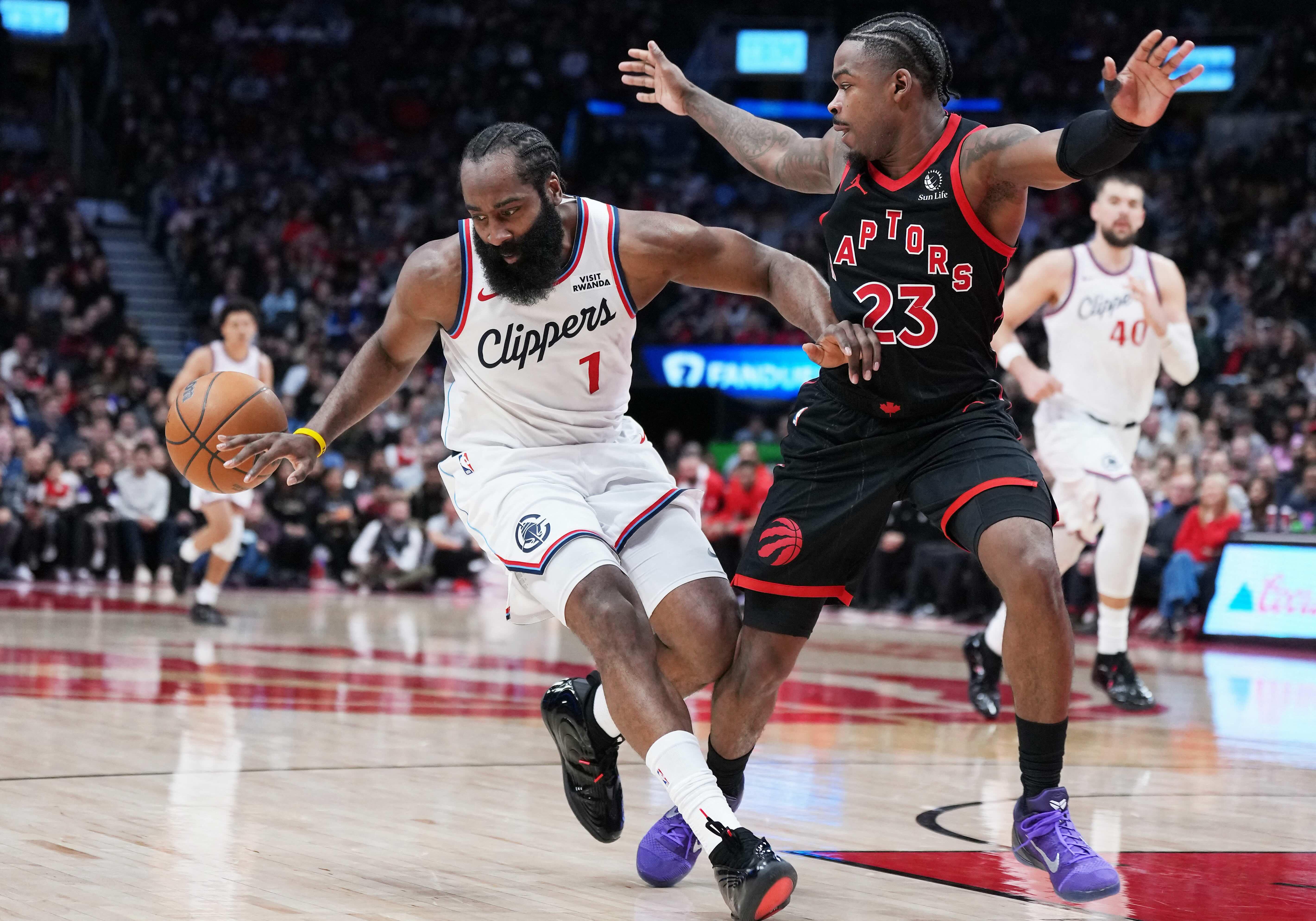 NBA: James Harden stars as Clippers edge Raptors in OT