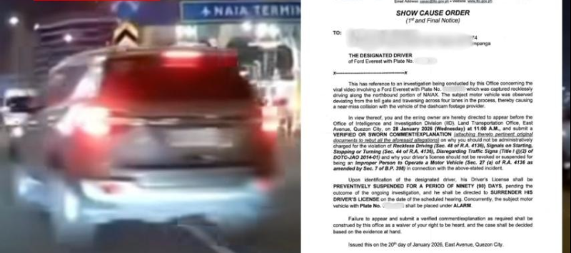 LTO issues show cause order vs SUV driver for viral reckless driving along NAIAX 