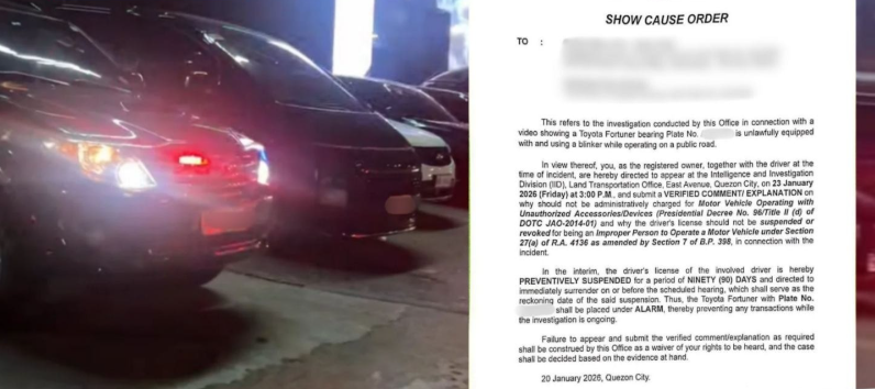 LTO issues SCO vs SUV driver who left Pasay club with illegal blinkers on