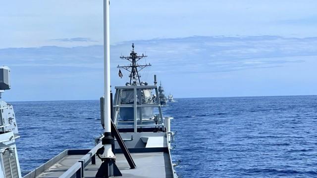 US and Australian Navy ships are seen from the BRP Diego Silang during the MMCA in the West Philippine Sea on Feb. 16, 2026. GMA Integrated News