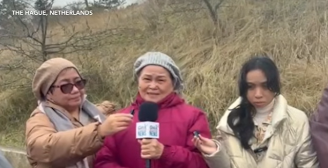 Llore Pasco (center) and Sheerah Escudero (right) speak to the media outside the International Criminal Court (ICC) in The Hague, Netherlands on Tuesday, February 25, 2026.