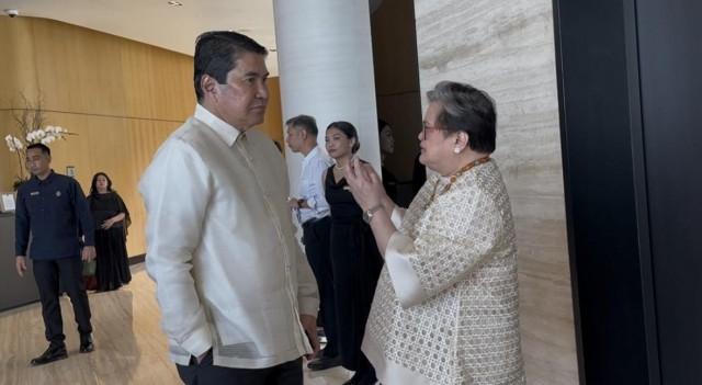 Senate Foreign Relations Committee Chairman Sen. Ewrin Tulfo and DFA Sec. Theresa Lazaro converse after a frank and candid meeting with Chinese Ambassador to the Philippines Jing Quan in Manila, Feb. 23, 2026. Joseph Morong/ GMA Integrated News