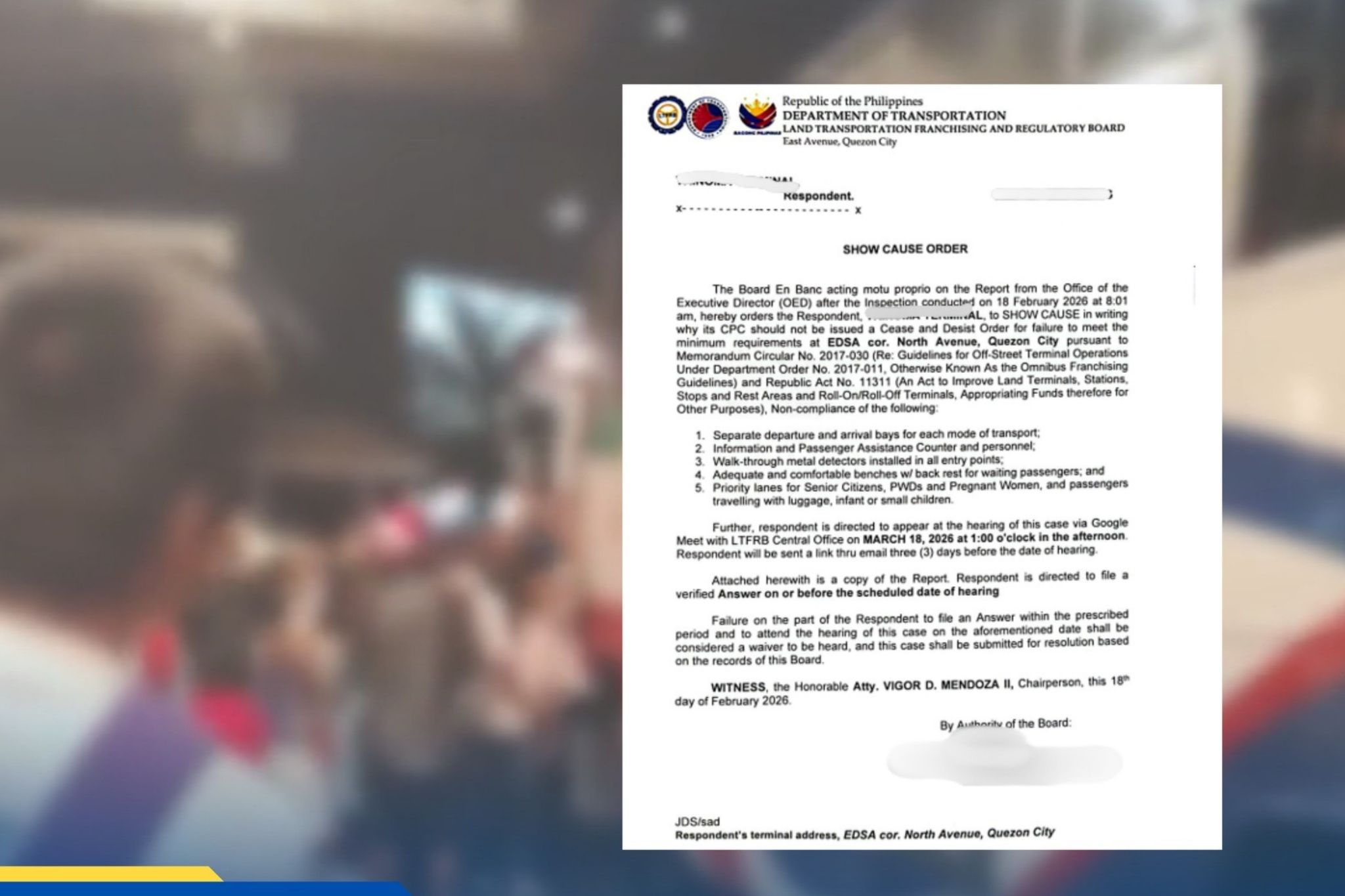 LTFRB issues SCO vs. PUV terminals in 2 QC malls