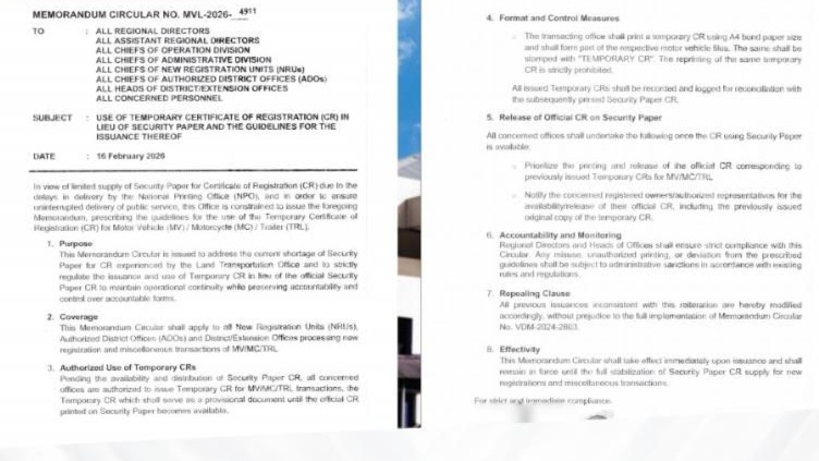 LTO to issue temporary registration docs amid security paper shortage