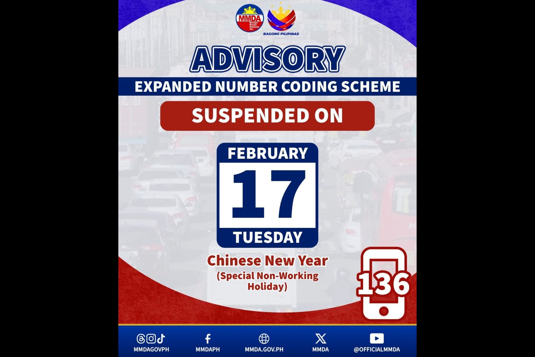 MMDA suspends number coding on February 17, Chinese New Year