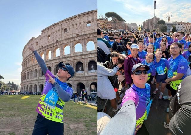 (right) Teacher Gilbert Agbayani strikes a pose in front of the famous Colosseum of Rome; (left) Gilbert with members of his business group. Courtesy: Gilbert Agbayani