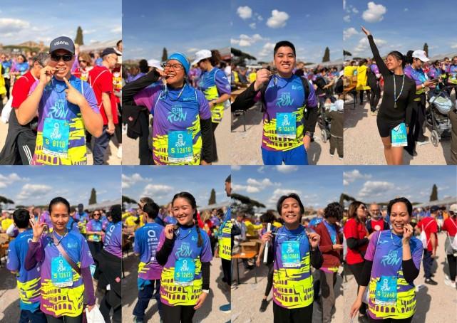Teacher Gilbert and his group flex their medals from the fun run. (upper photo, from left to right) Gilbert Agbayani, Flory Jane Nicolas, Adrian Andal, and Jessica Guevarra. (lower photo, from left to right) Dianne Cruz, Hanna Morales, Charleston Pena, and Chelsea Pena. Courtesy: Gilbert Agbayani