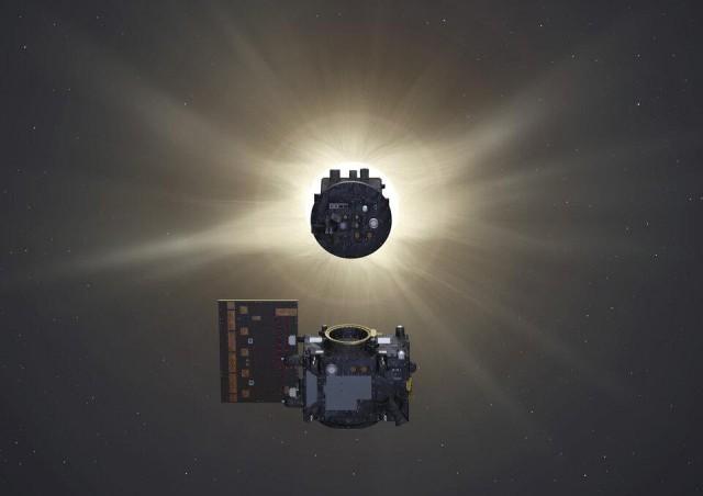 Proba-3's two spacecraft, the Coronagraph and the Occulter, work in alignment so that the 1.4-m large disc carried by the Occulter covers the bright disc of the Sun for the Coronagraph spacecraft, casting a shadow of 8 cm across onto its optical instrument, ASPIICS to create an 'artificial total solar eclipse' in orbit. Image: European Space Agency