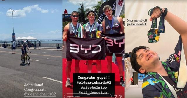 L-R: Alden completing the bike leg/Kristoffer Martin/Instagram. Will, Nico, and Alden after the race/Solenn Heussaff/Instagram. Alden relishing his accomplishment/Krisoffer Martin/Instagram
